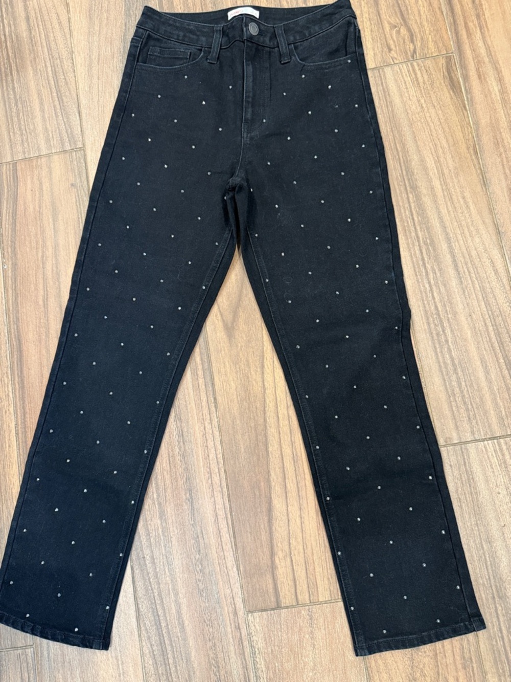 INTEMPO- Black Studded Straight-Leg Jeans. Waist 15-15”. Rise 11”. Inseam 28”